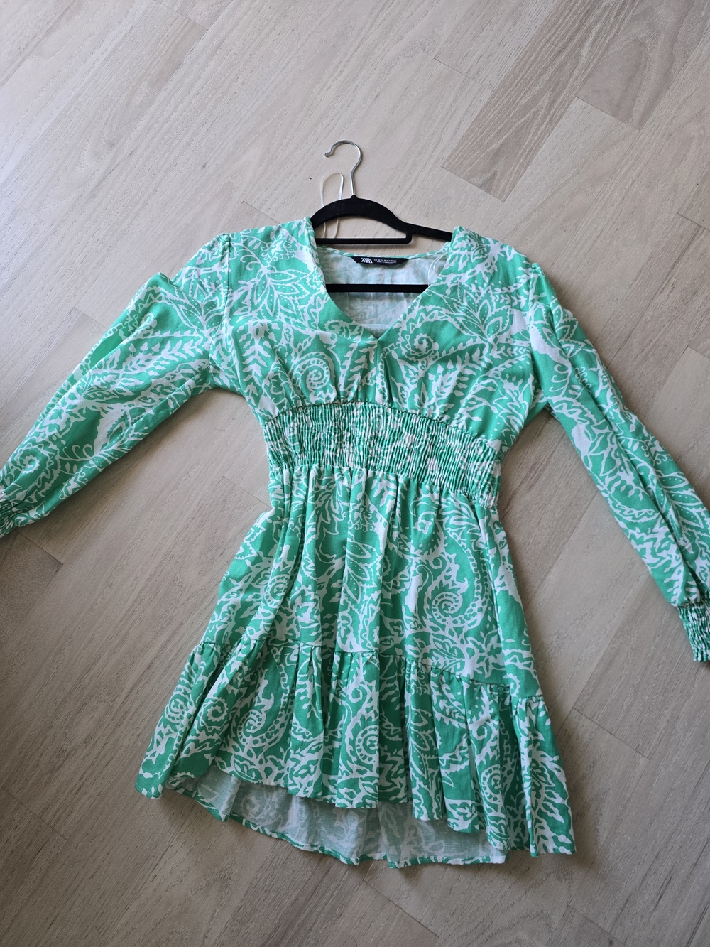 Zara Teal and White Paisley Smocked Mini Dress
